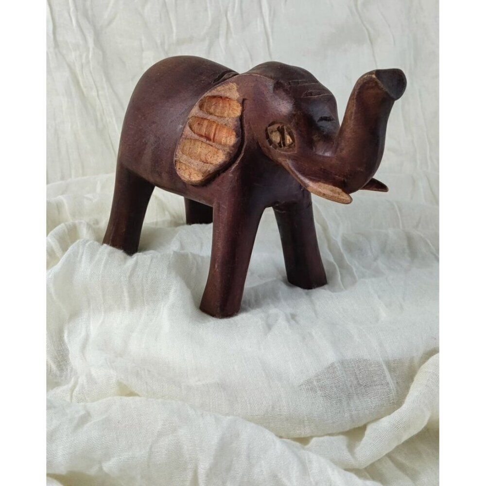 Hand Carved Wood Elephant Folk Art Figurine Decor African Vintage